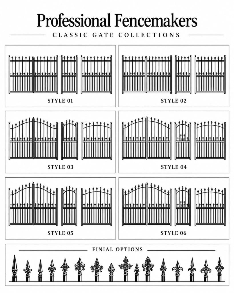 Professional Fencemakers classic gate collections, styles 01 to 06, with finial options