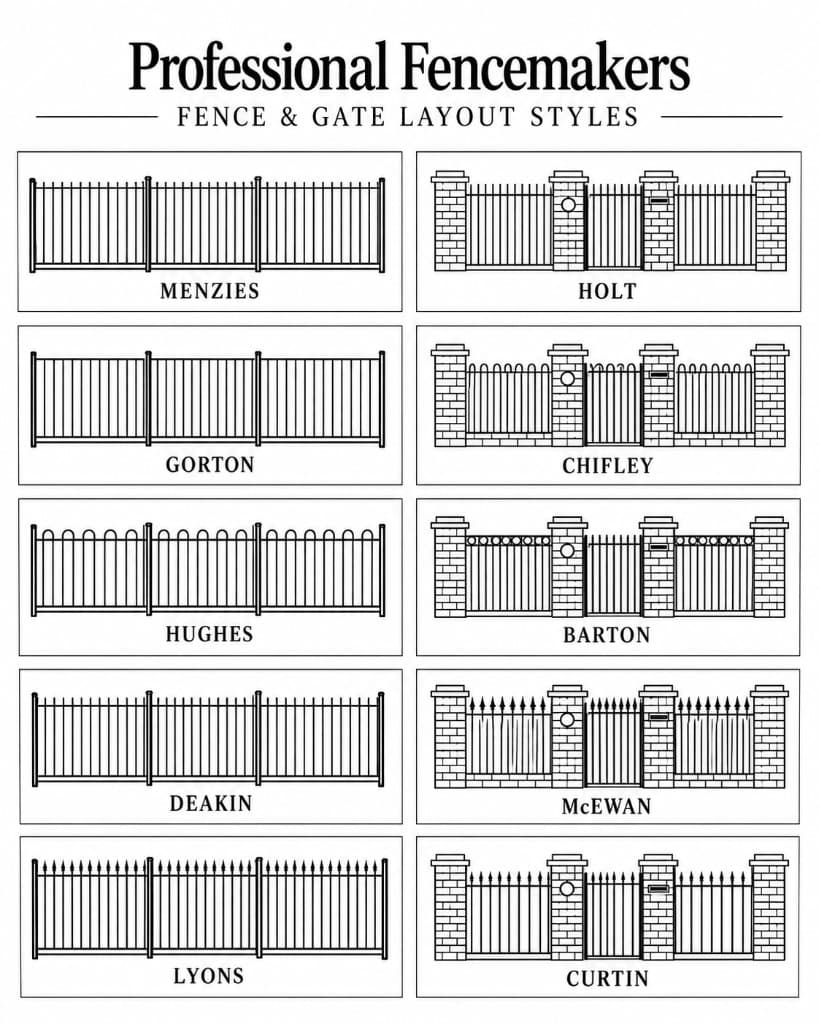 Professional Fencemakers fence and gate layout styles including Menzies, Holt, Gorton, Chifley, Hughes, Barton, Deakin, McEwan, Lyons, and Curtin