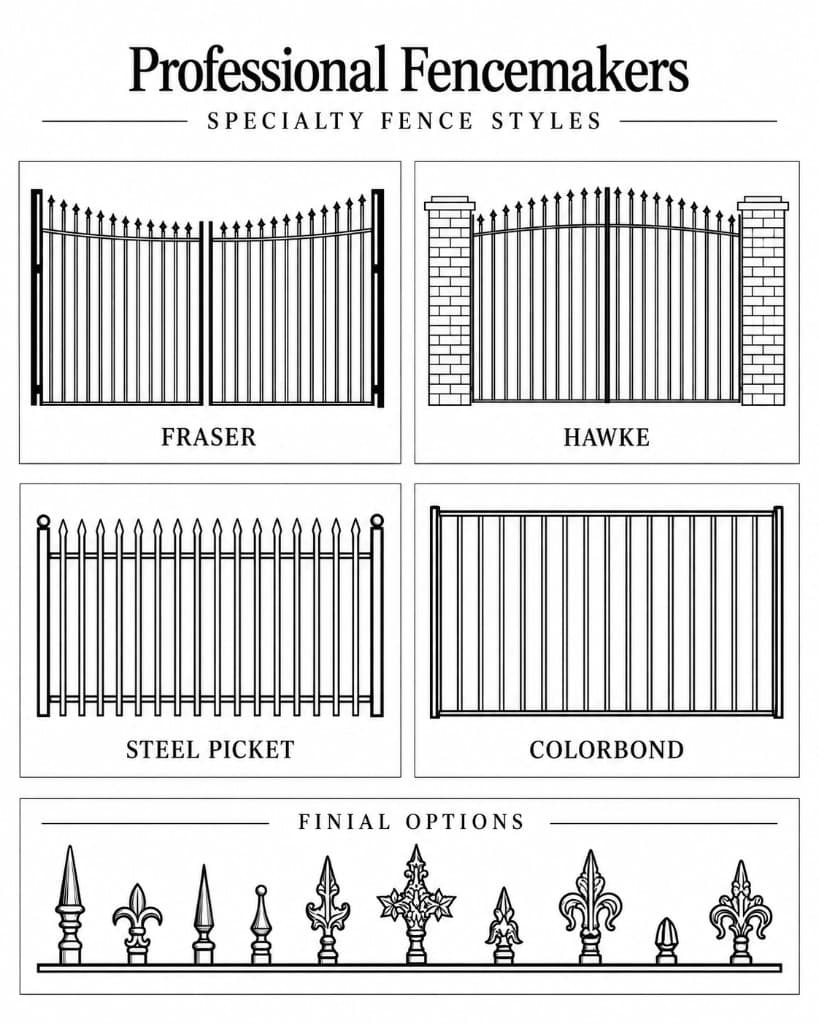 Professional Fencemakers specialty fence styles: Fraser and Hawke arched gates, steel picket, Colorbond, and finial options