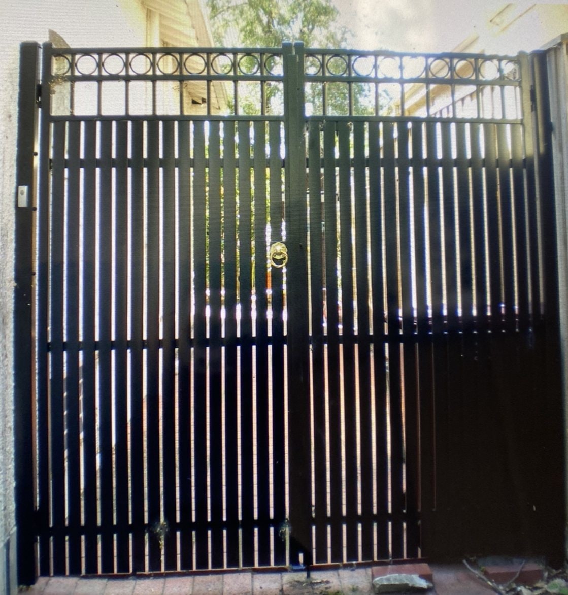 Black vertical bar metal gates with ring top rail