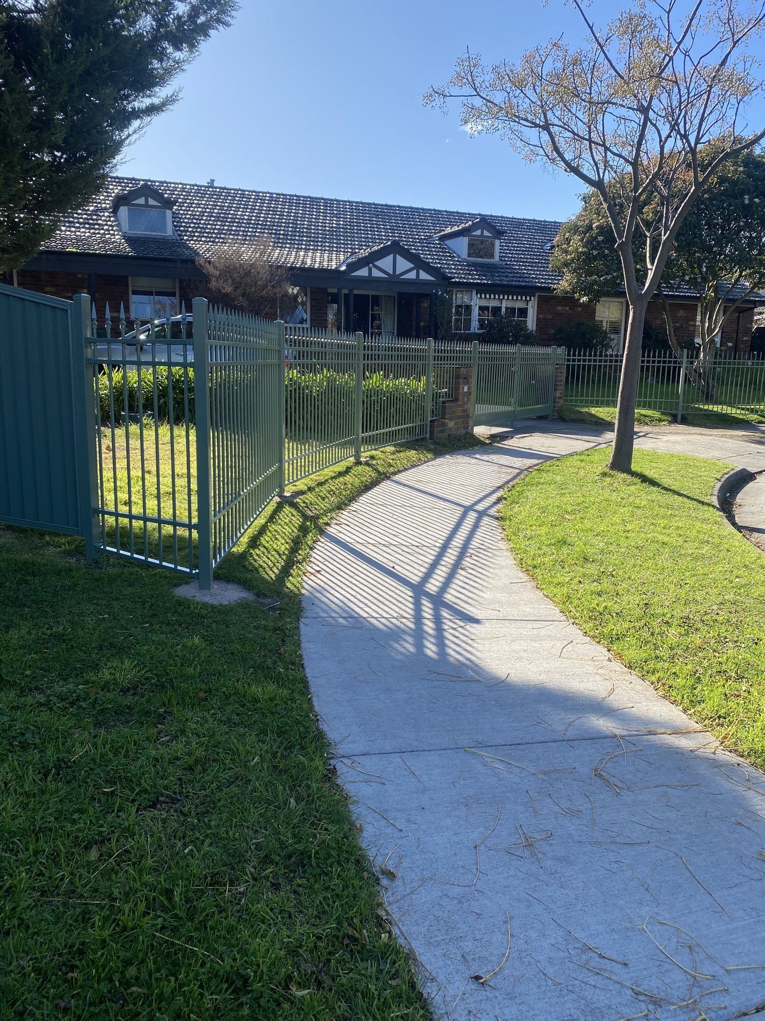 Sage green palisade fence beside a garden path