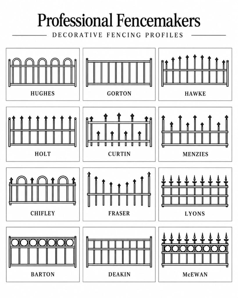 Professional Fencemakers decorative fencing profiles: Hughes, Gorton, Hawke, Holt, Curtin, Menzies, Chifley, Fraser, Lyons, Barton, Deakin, and McEwan